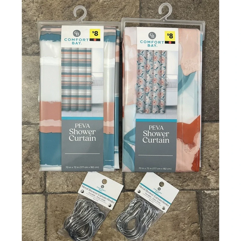 2 Shower Curtains 70 X 72 Coral/Teal Striped/Flowers and Hooks Comfort Bay